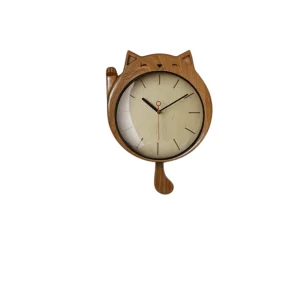 Orologio Legno Forma Gatto Marrone Ovale Arredamento Decorazione Casa Parete