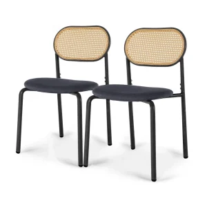 Set 2 Sedie Rattan Base Metallo Sedile Imbottitura Colore Nero Arredamento Casa Cucina Salotto
