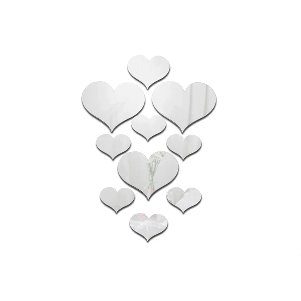Stickers Specchio Forma Cuore Diverse Dimensioni Set 10 Pezzi Colore Argento Oro Materiale Acrilico - immagine 4