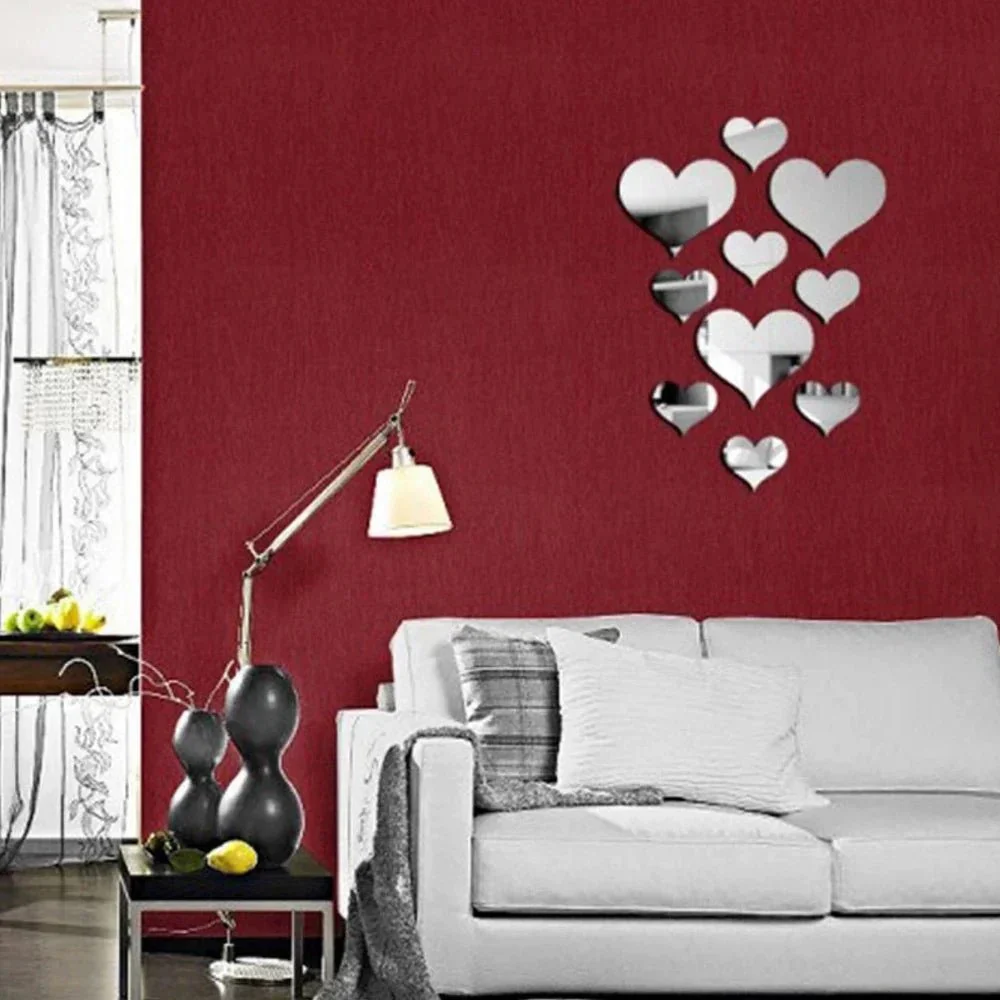 Stickers Specchio Forma Cuore Diverse Dimensioni Set 10 Pezzi Colore Argento Oro Materiale Acrilico - immagine 3