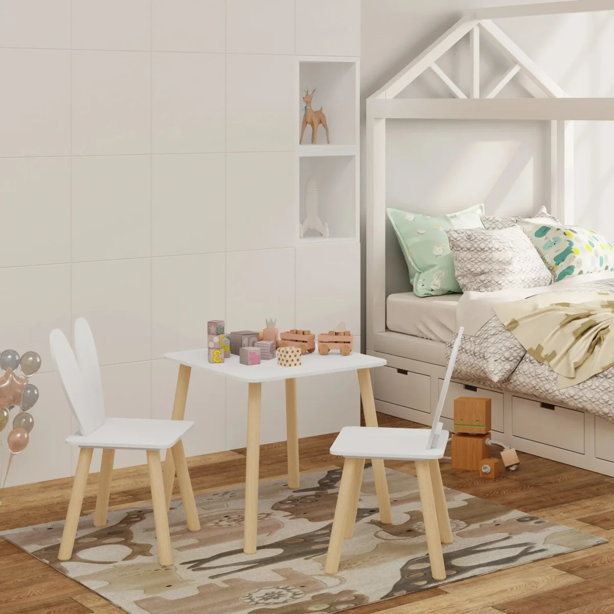 Tavolino Per Bambini Sedia Forma Cuore Materiale Legno Bianco Decorazione Moderna Camera - immagine 3